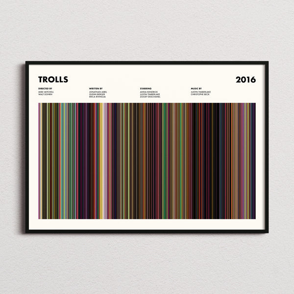 Trolls Movie Barcode Poster framed and photographed straight on