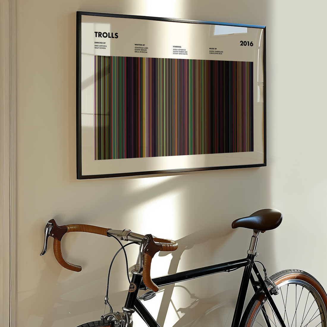 Trolls Movie Barcode Poster framed on the wall of a styled room setting