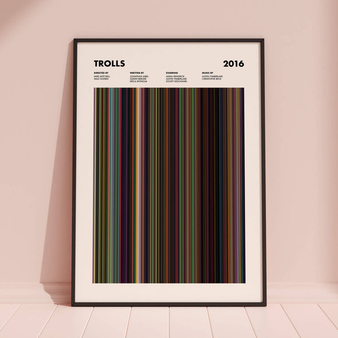 Trolls Movie Barcode Poster framed and leaning against a coloured wall