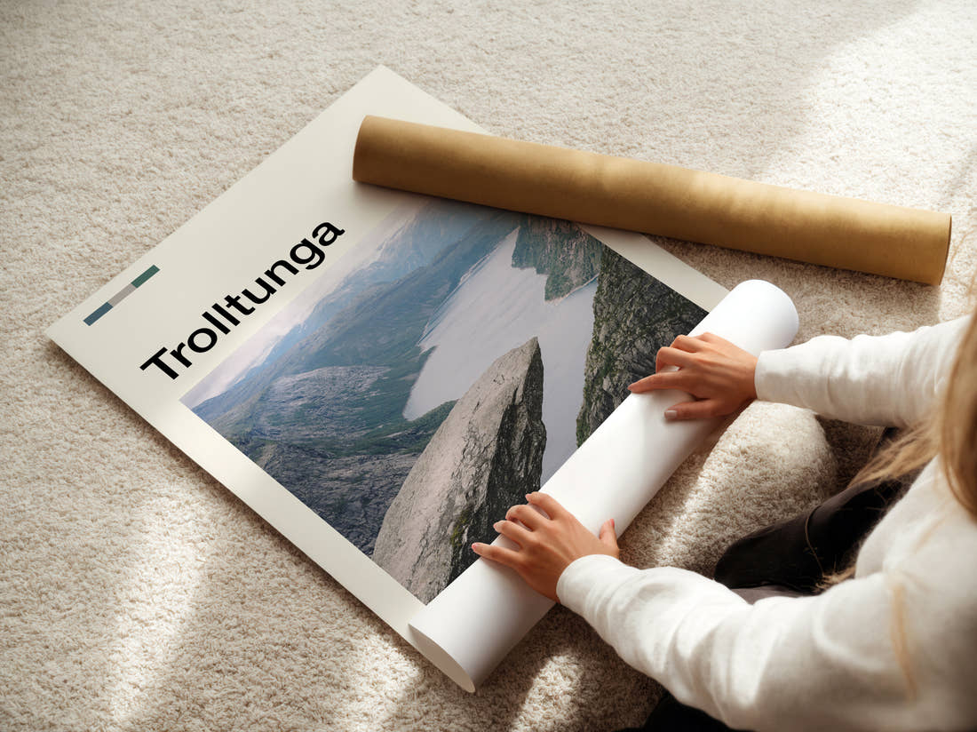 Trolltunga Travel Print being unrolled from its postal tube