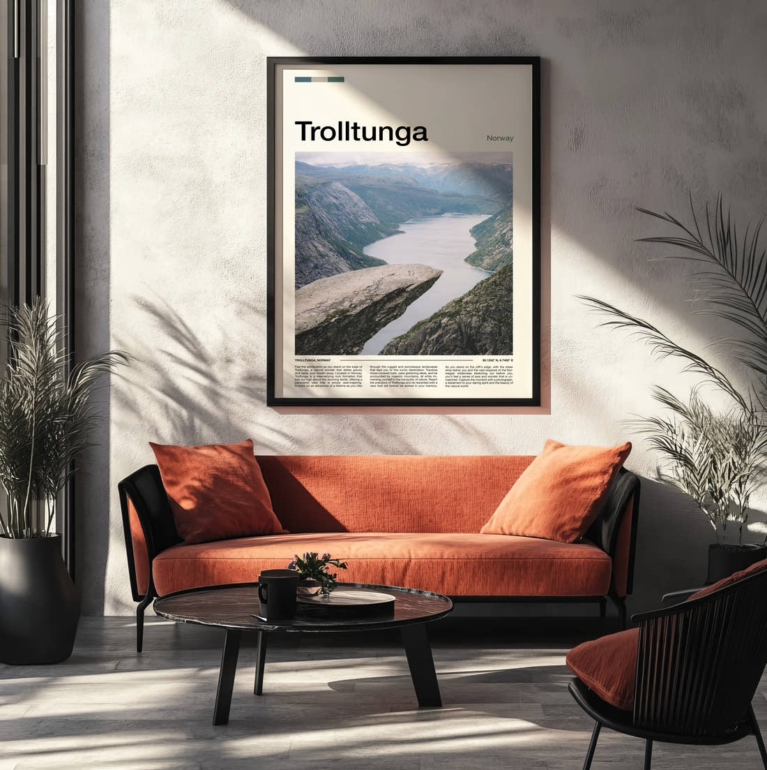 Trolltunga Travel Print framed on the wall of a modern living room