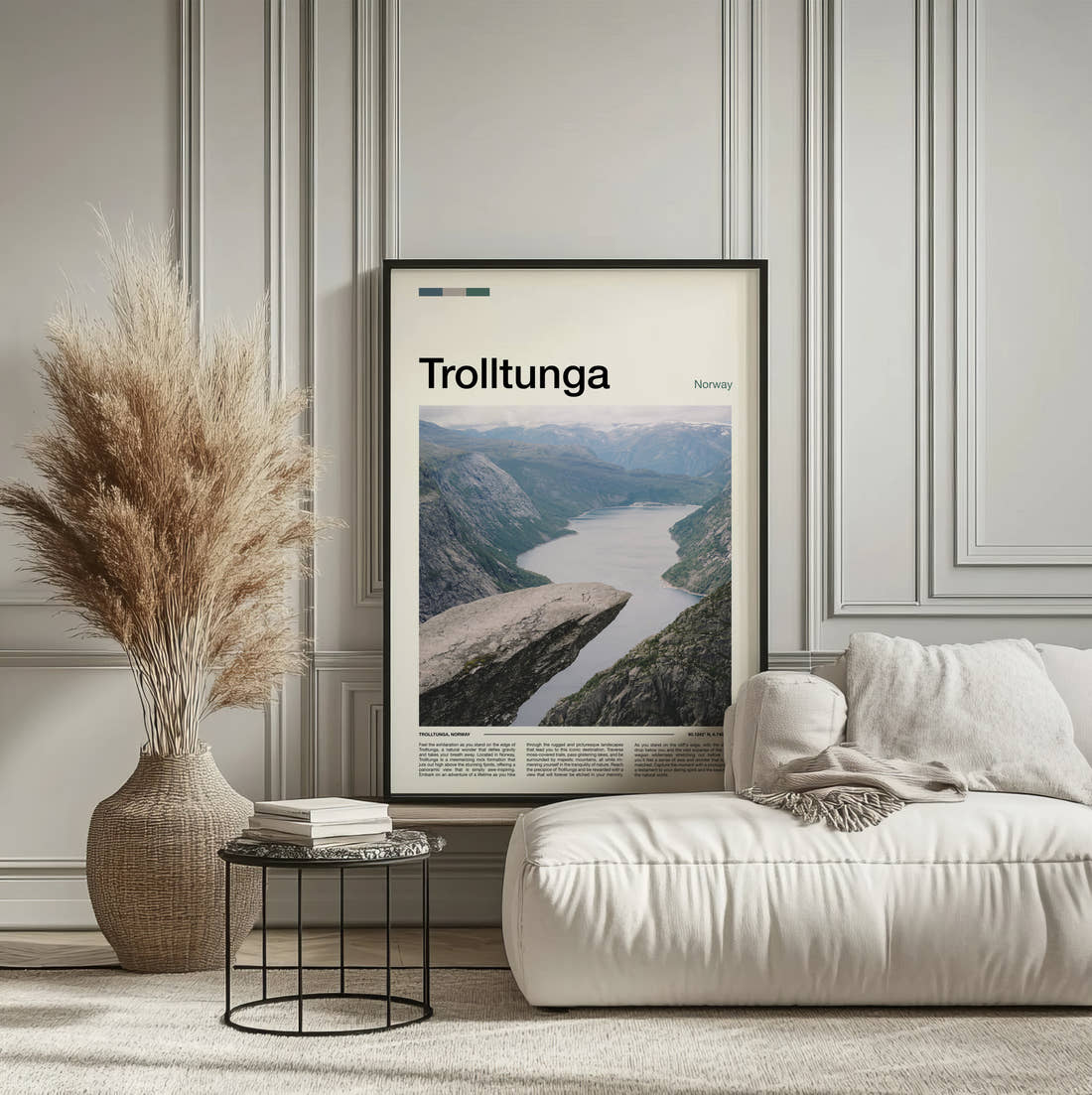 Trolltunga Travel Print framed on the wall of a calm, neutral bedroom