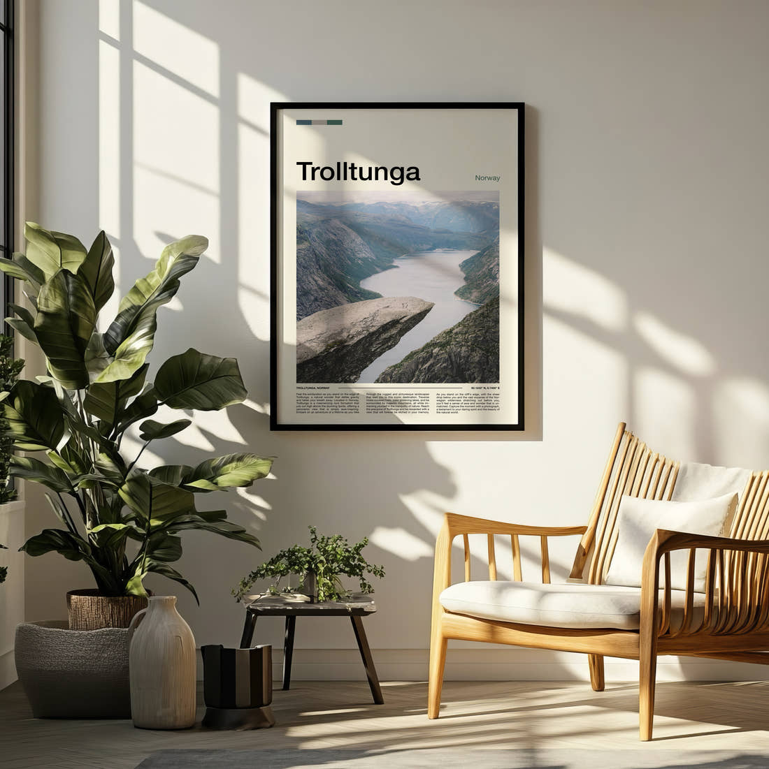 Trolltunga Travel Print framed on a pale wall beside houseplants