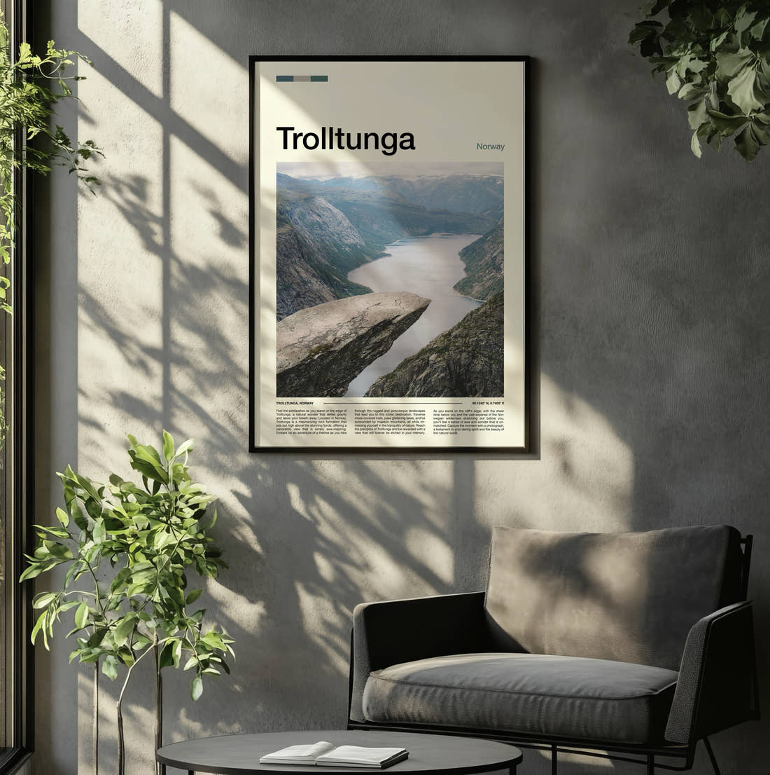 Trolltunga Travel Print framed on the wall of a relaxed living room