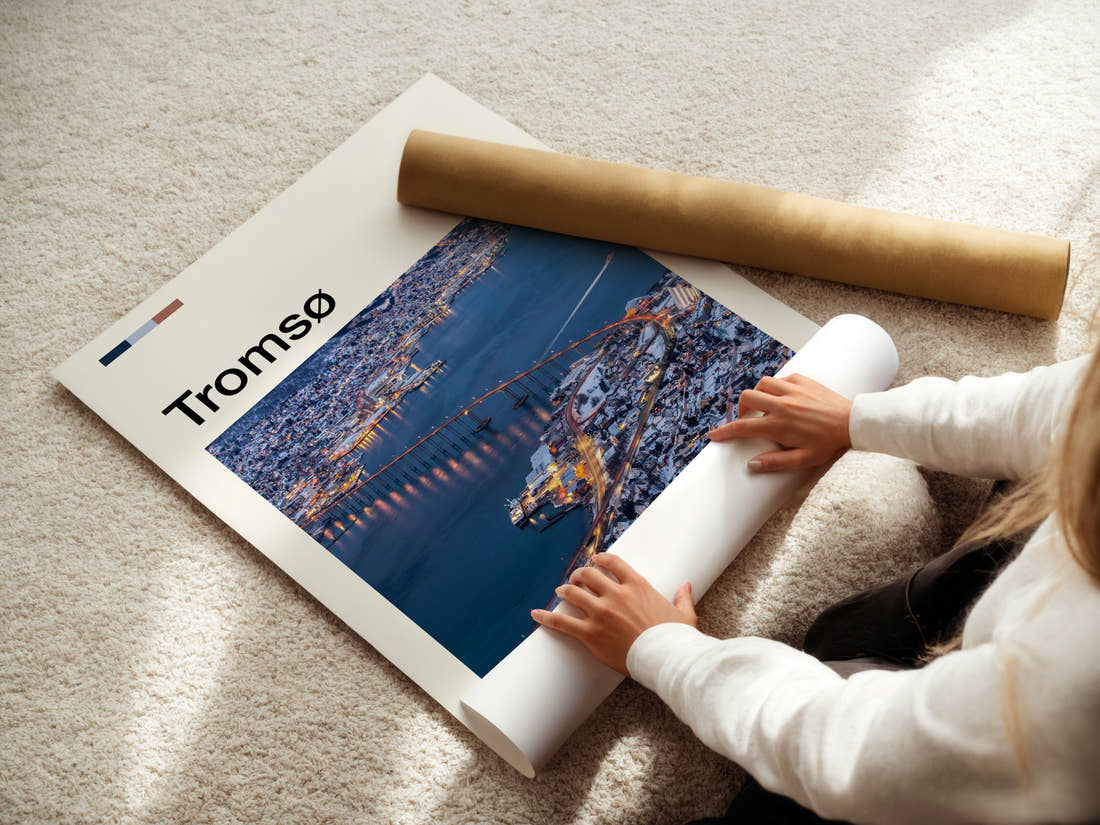 Tromsø Bridge At Dusk Travel Print being unrolled from its postal tube