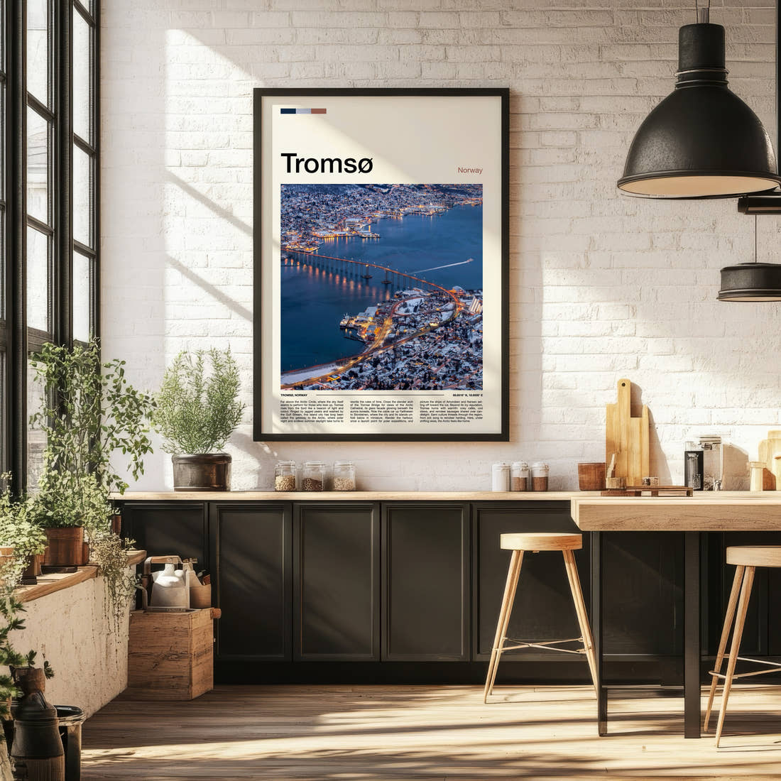 Tromsø Bridge At Dusk Travel Print framed on the wall of a bright kitchen and dining space
