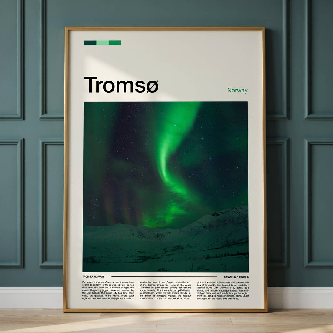 Tromsø Aurora Over Mountains Travel Print framed on the wall of a calm, neutral bedroom
