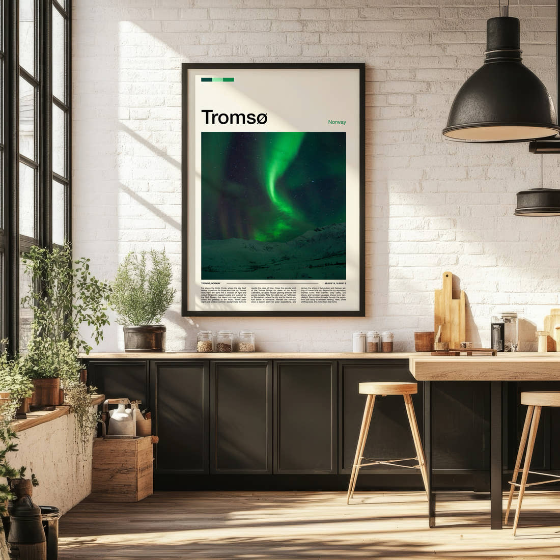 Tromsø Aurora Over Mountains Travel Print framed on the wall of a bright kitchen and dining space