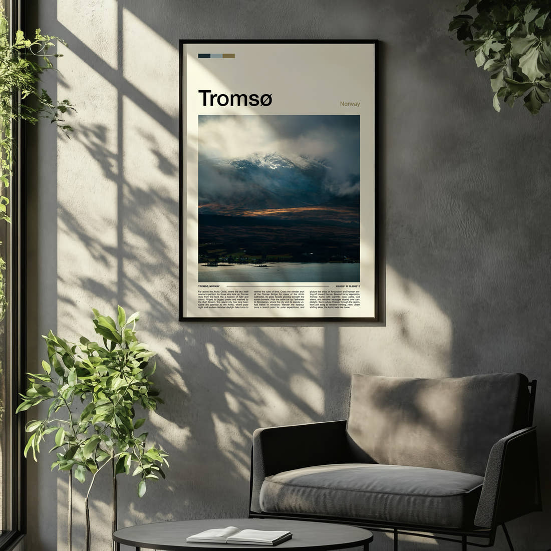 Tromsø Cloud-Wrapped Peak Travel Print framed on the wall of a relaxed living room