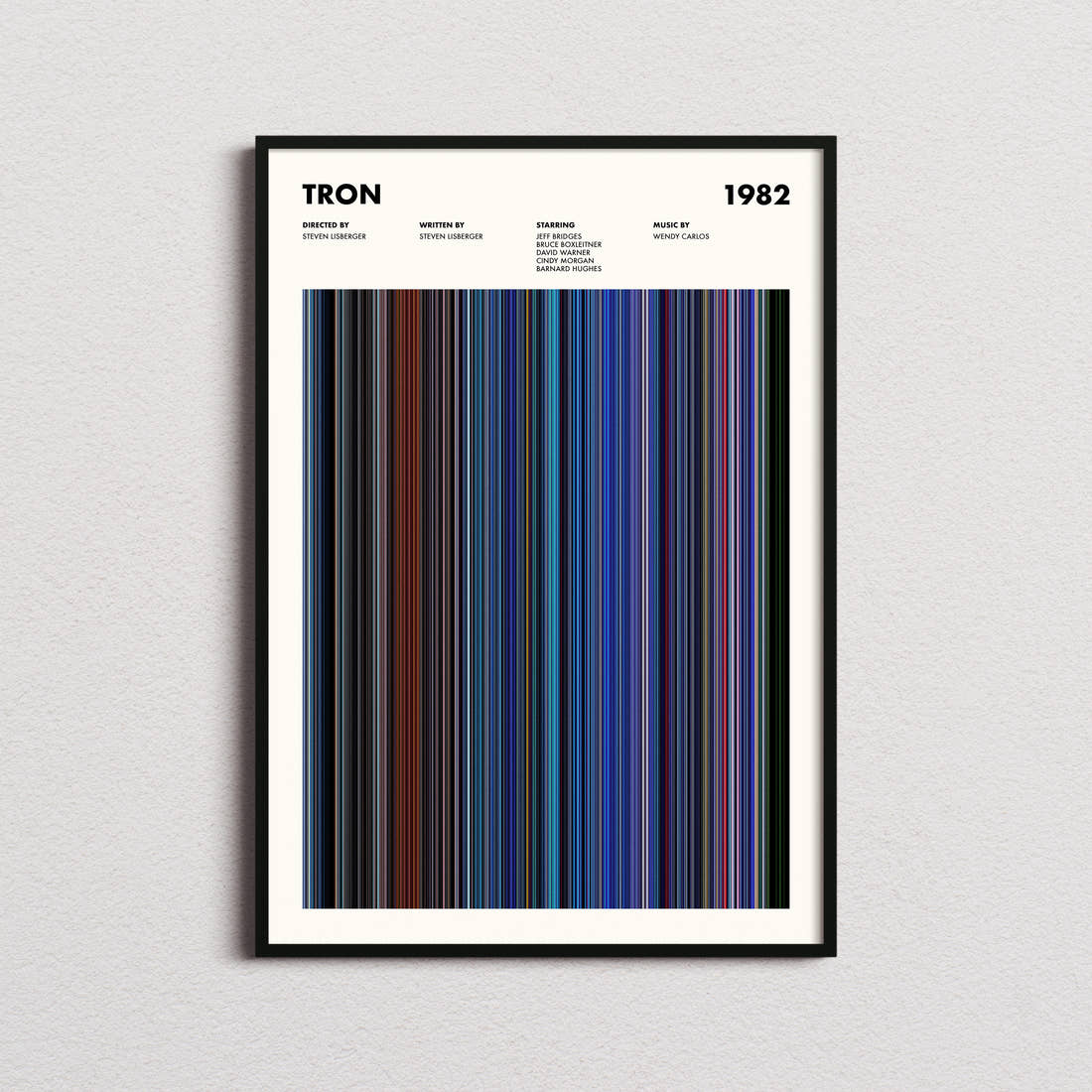 Tron Movie Barcode Poster framed on a plain studio wall