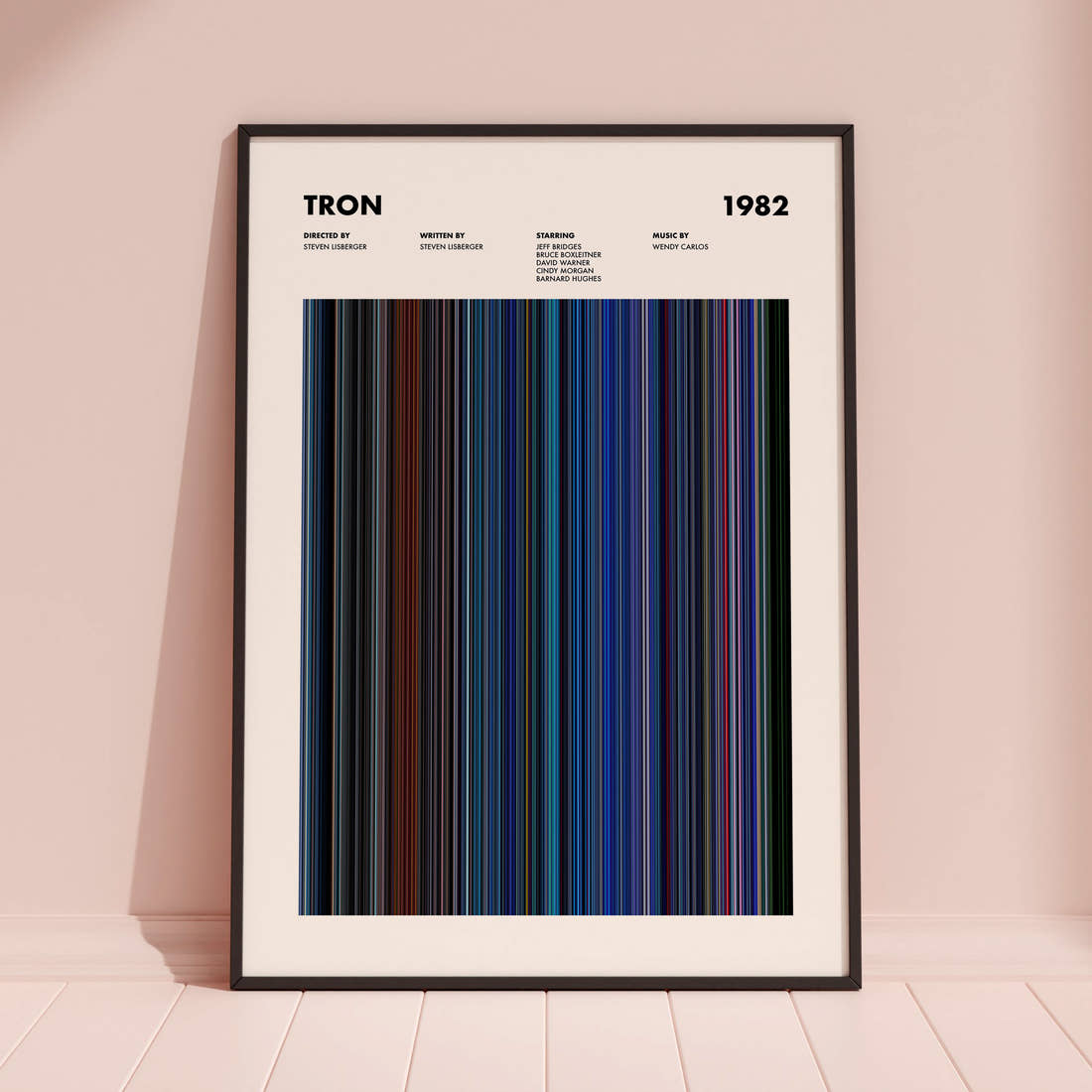Tron Movie Barcode Poster framed and leaning against a coloured wall