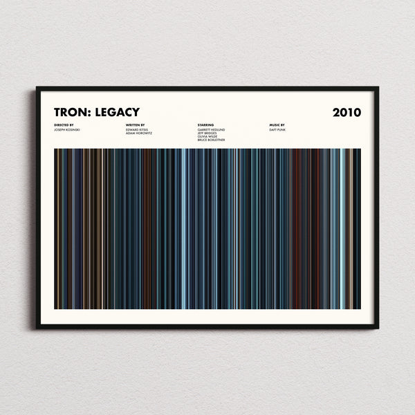 Tron: Legacy Movie Barcode Poster framed and photographed straight on
