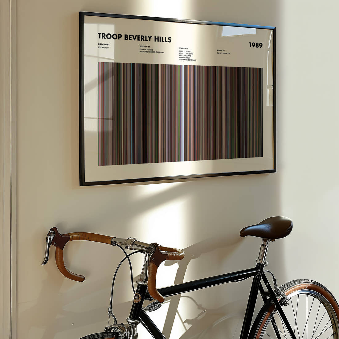Troop Beverly Hills Movie Barcode Poster framed on the wall of a styled room setting