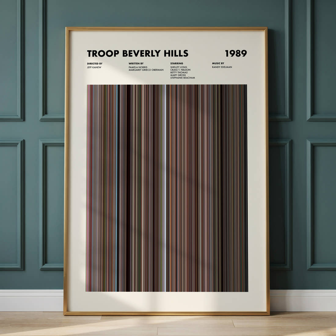 Troop Beverly Hills Movie Barcode Poster framed and leaning against a panelled wall