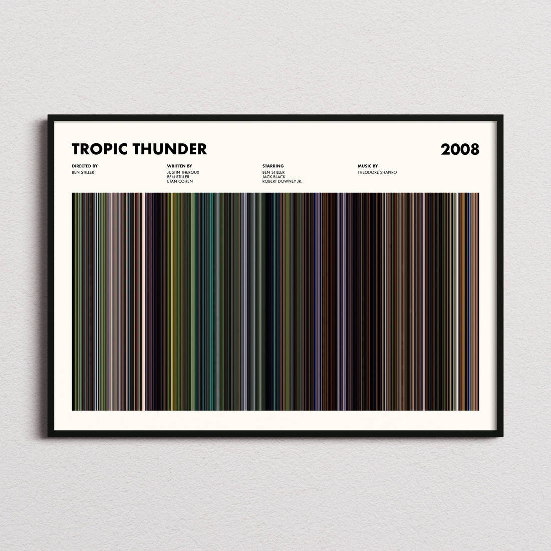 Tropic Thunder Movie Barcode Poster framed and photographed straight on
