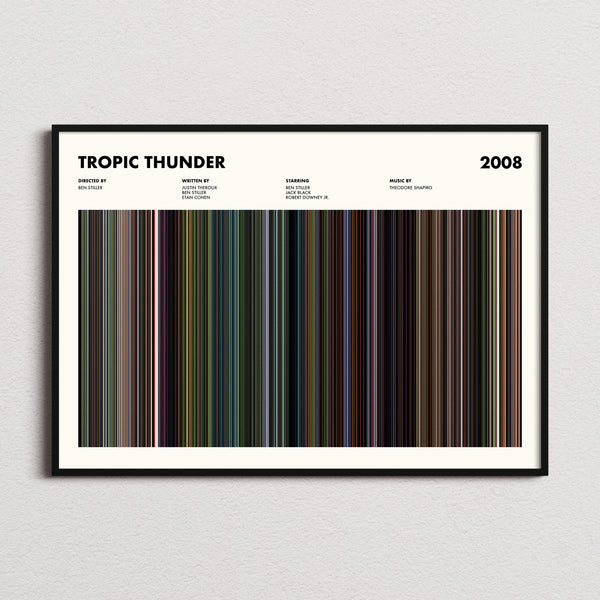 Tropic Thunder Movie Barcode Poster framed and photographed straight on
