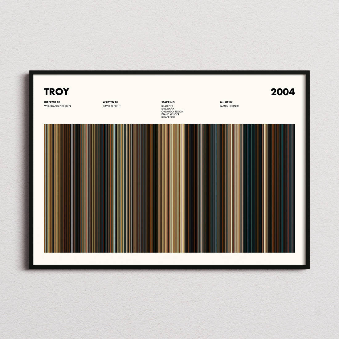Troy Movie Barcode Poster framed and photographed straight on