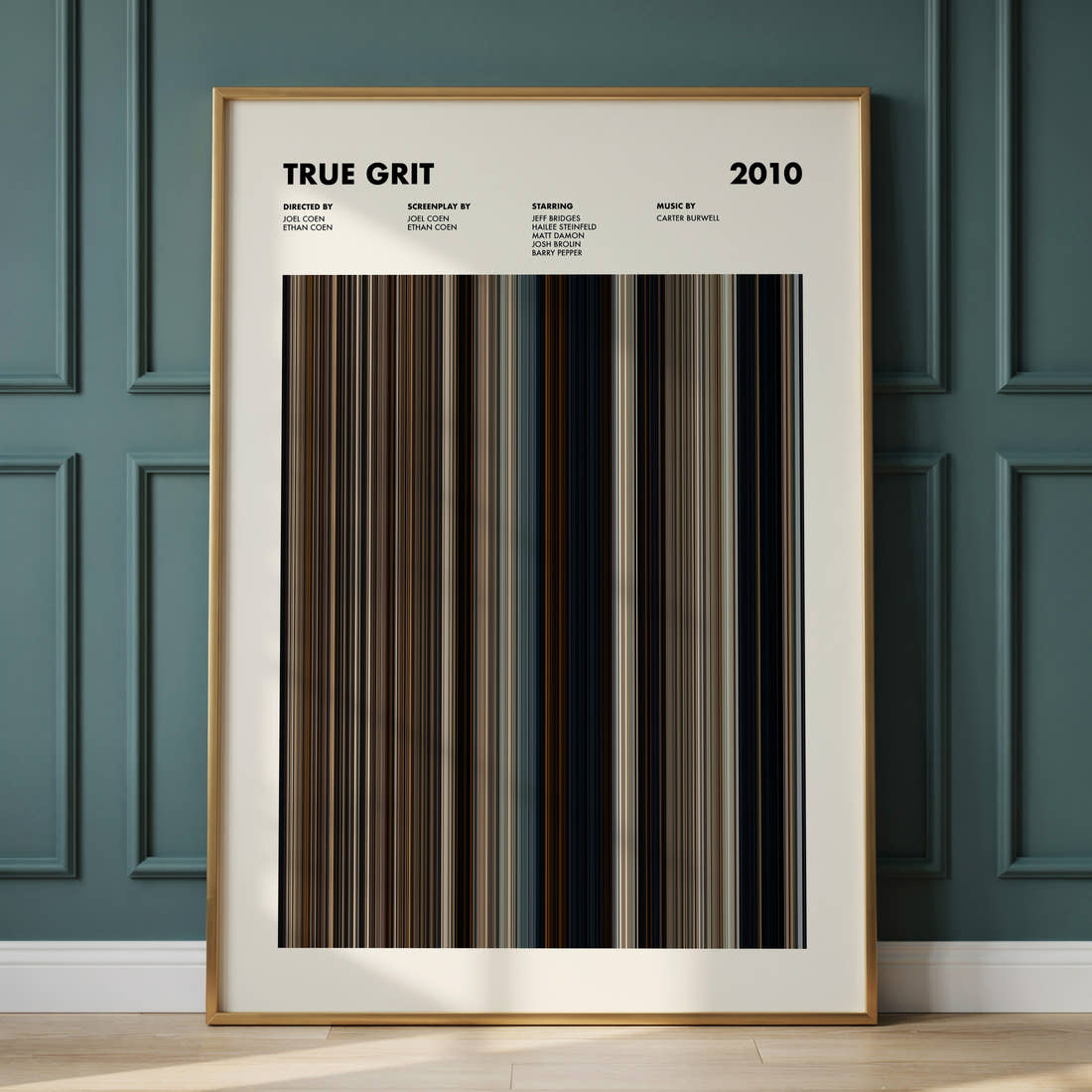 True Grit Movie Barcode Poster framed and leaning against a panelled wall