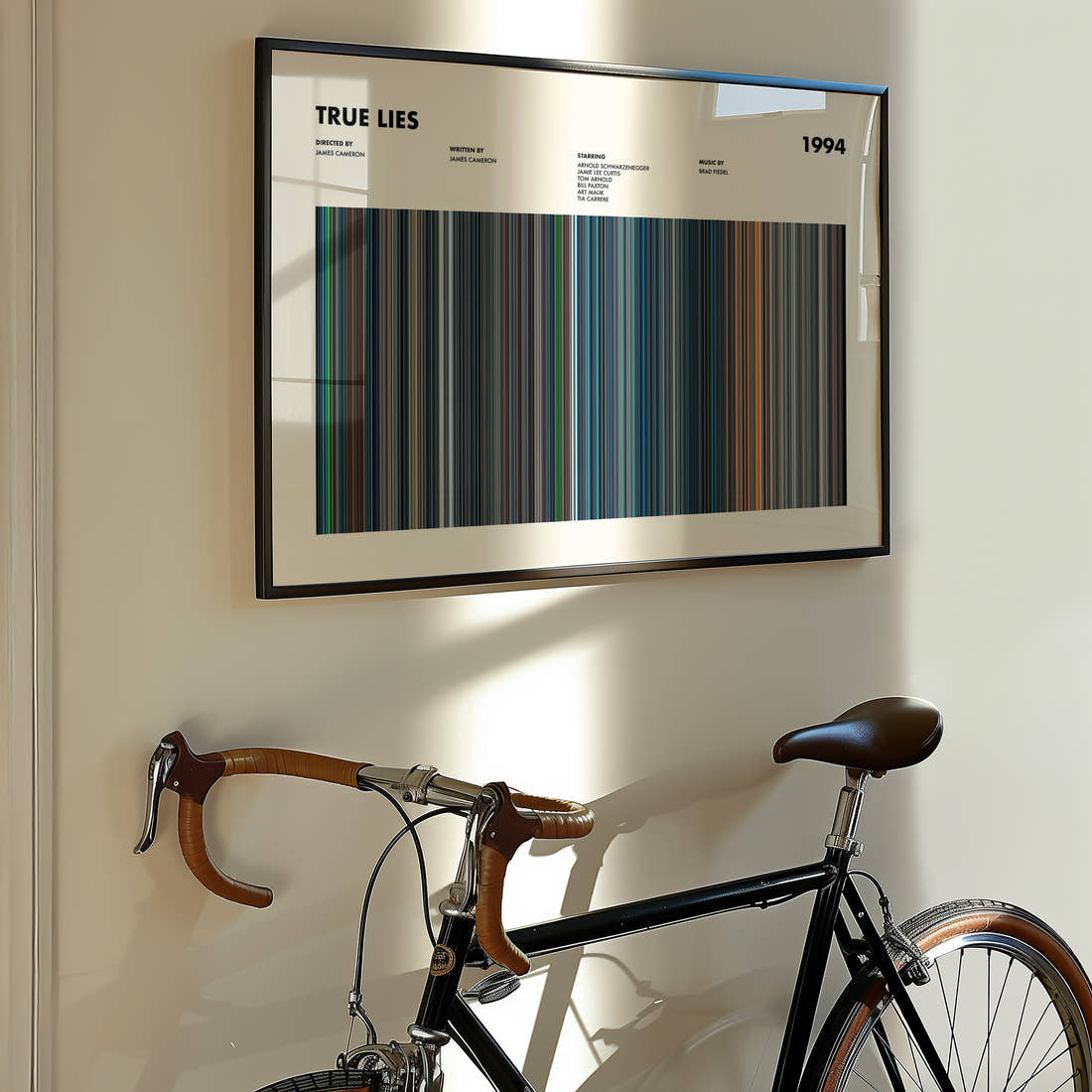 True Lies Movie Barcode Poster framed on the wall of a styled room setting