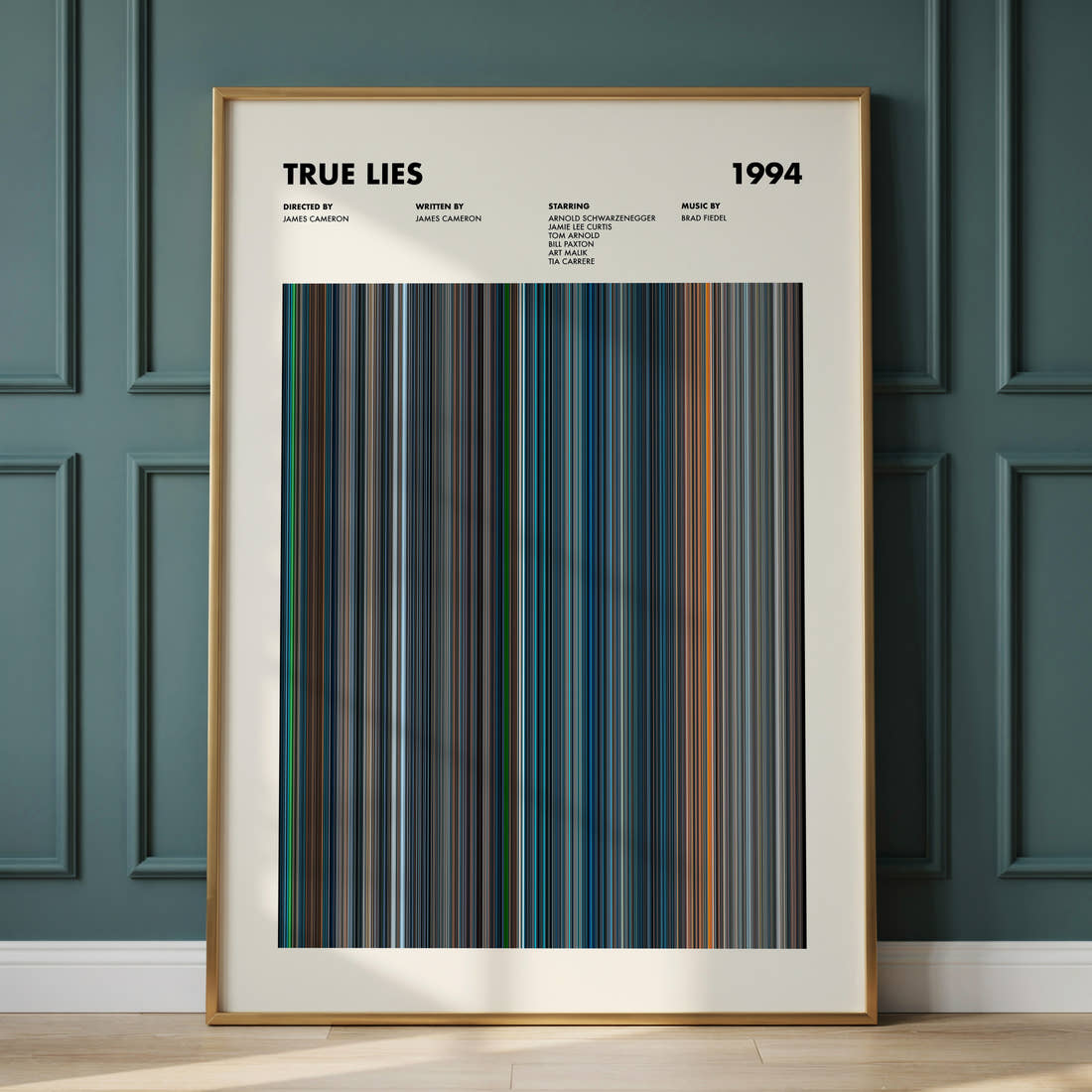 True Lies Movie Barcode Poster framed and leaning against a panelled wall
