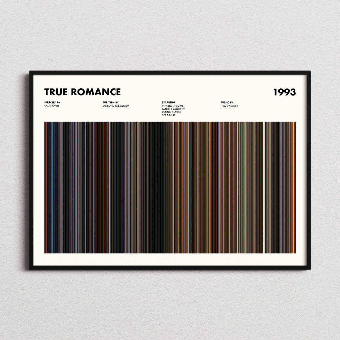 True Romance Movie Barcode Poster framed and photographed straight on