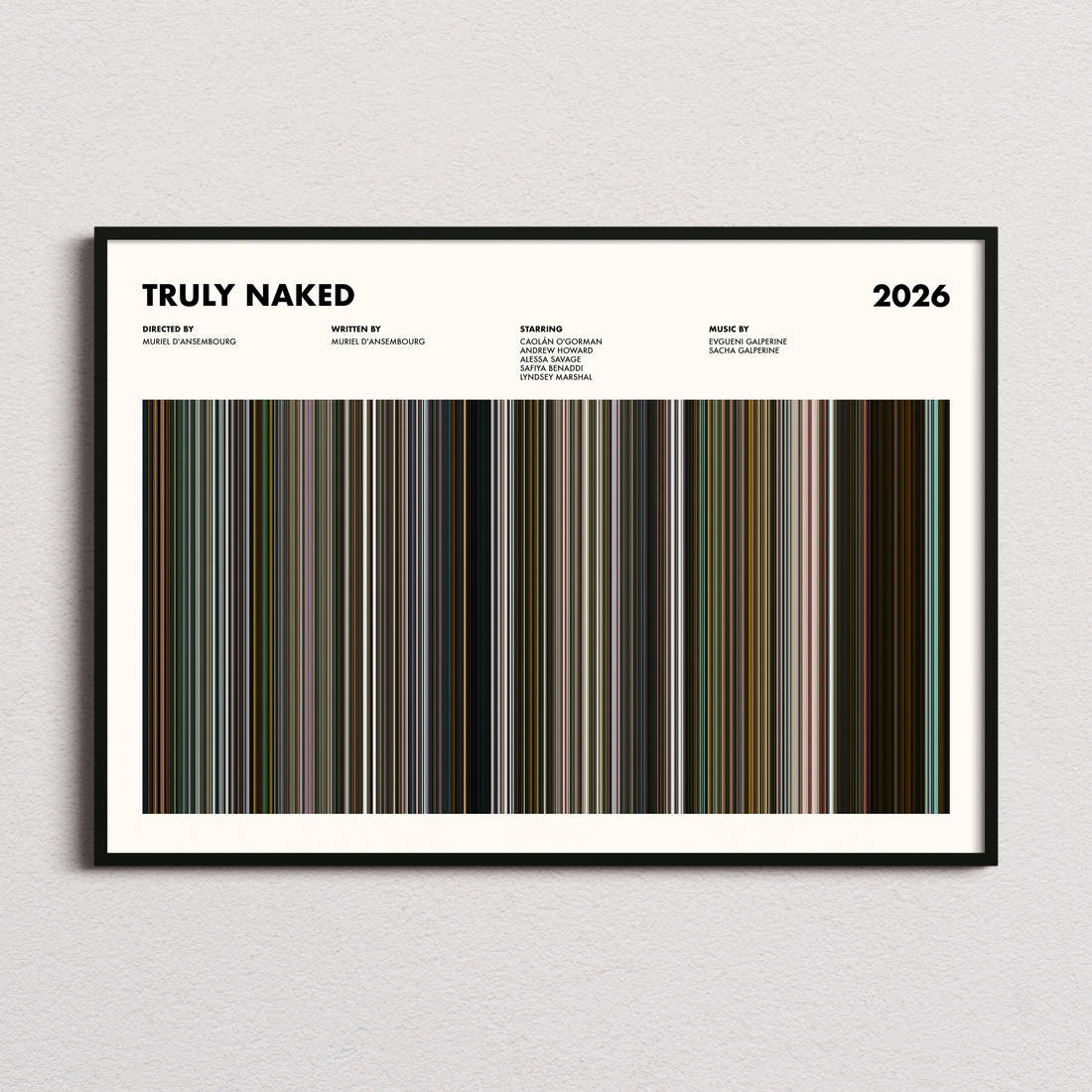 Truly Naked Movie Barcode Poster framed and photographed straight on