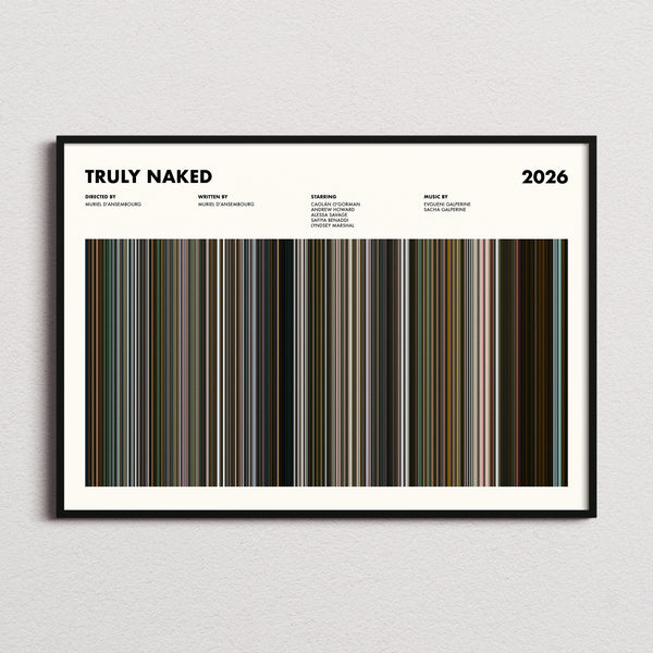 Truly Naked Movie Barcode Poster framed and photographed straight on