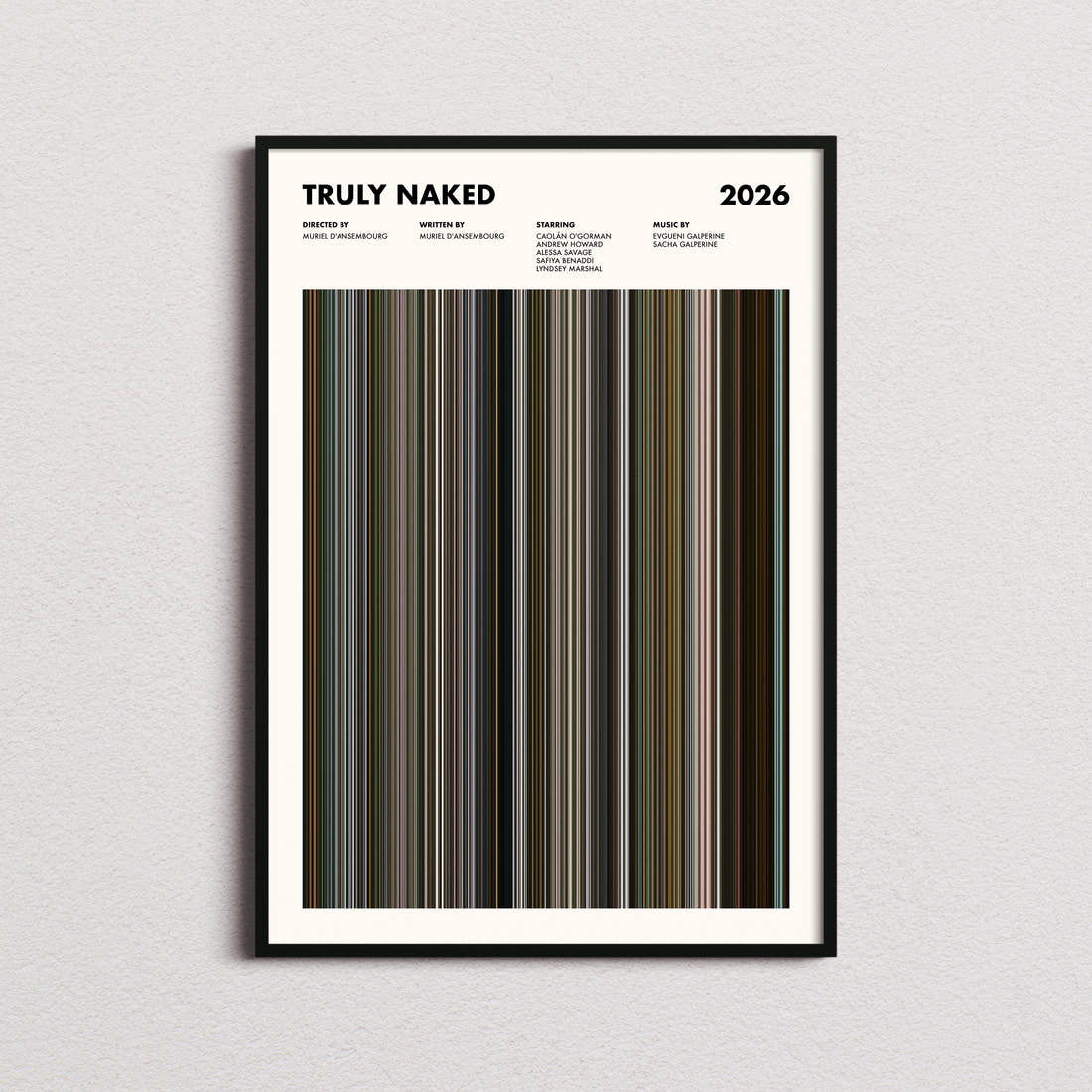 Truly Naked Movie Barcode Poster framed on a plain studio wall