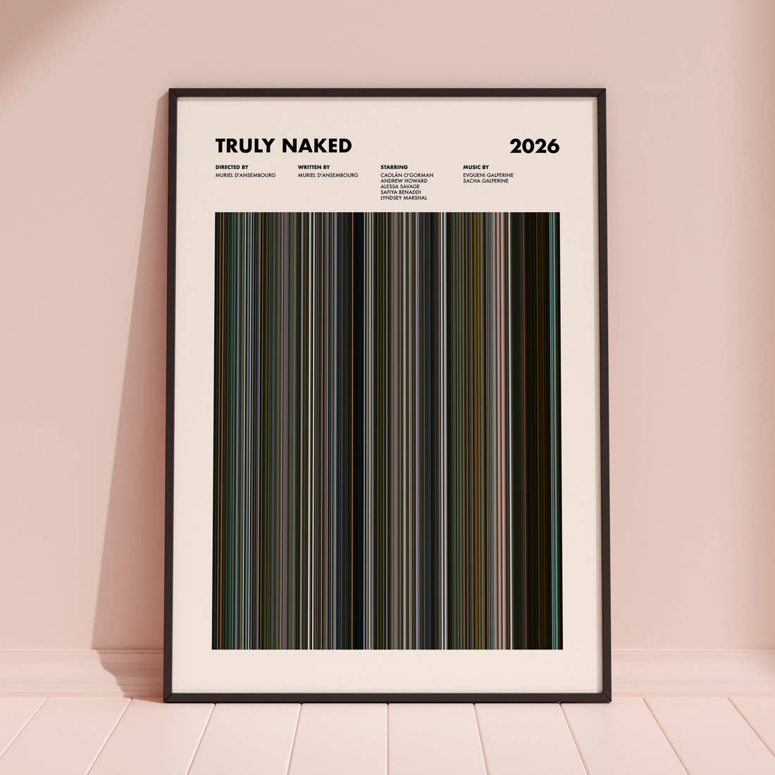 Truly Naked Movie Barcode Poster framed and leaning against a coloured wall