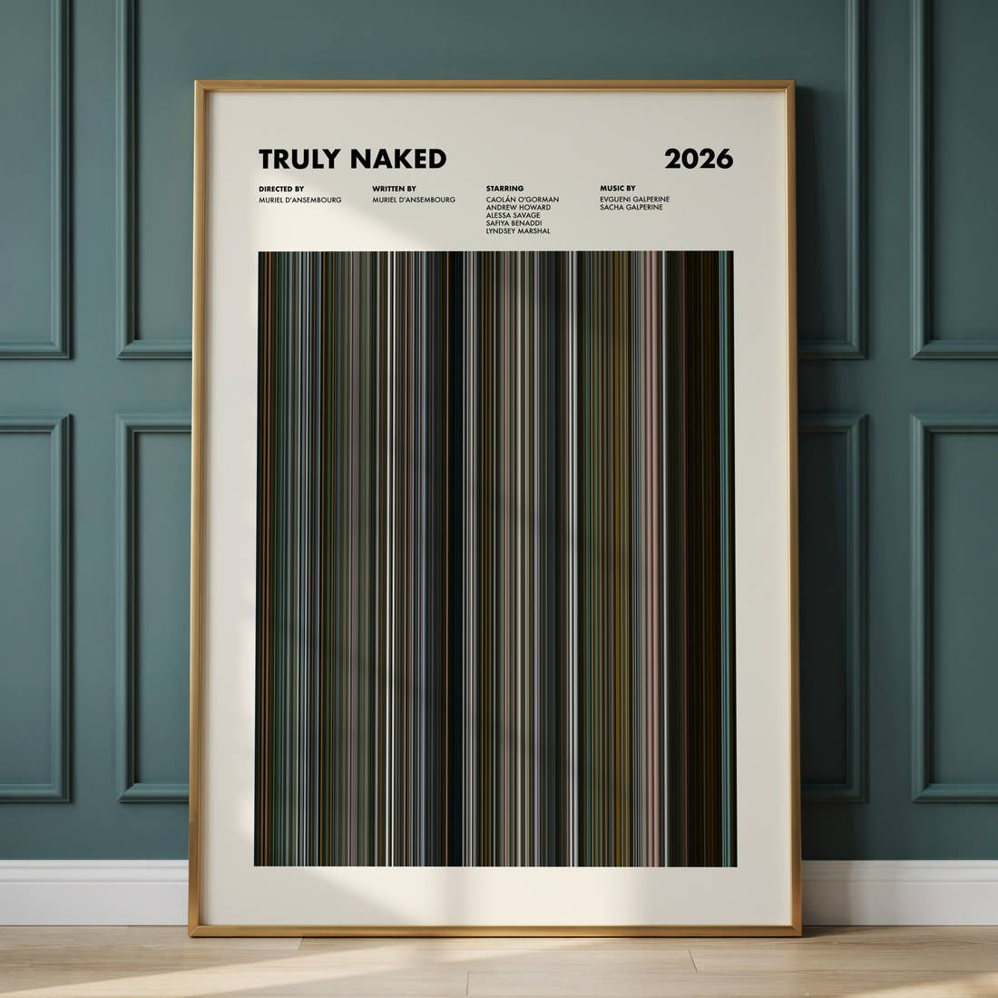 Truly Naked Movie Barcode Poster framed and leaning against a panelled wall