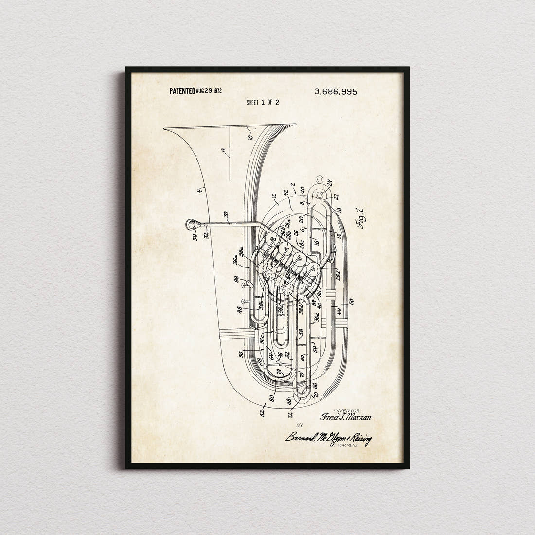 Tuba Patent Print in the aged paper colourway, framed