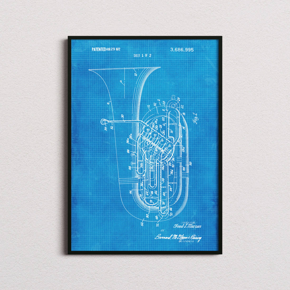 Tuba Patent Print in the blueprint colourway, framed
