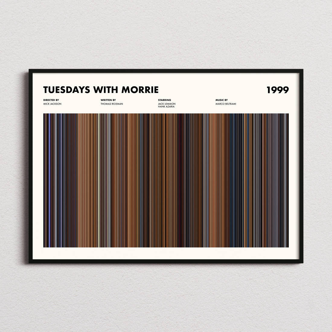 Tuesdays With Morrie Movie Barcode Poster framed and photographed straight on