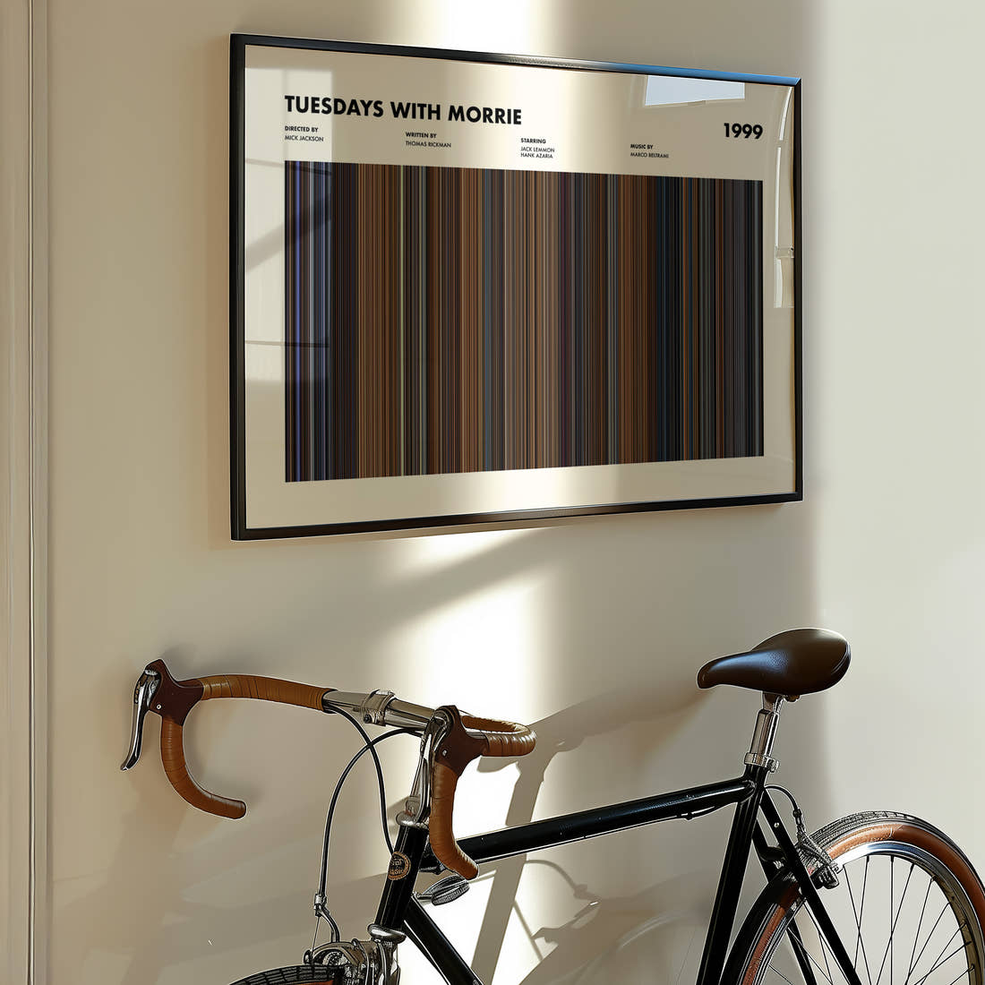 Tuesdays With Morrie Movie Barcode Poster framed on the wall of a styled room setting