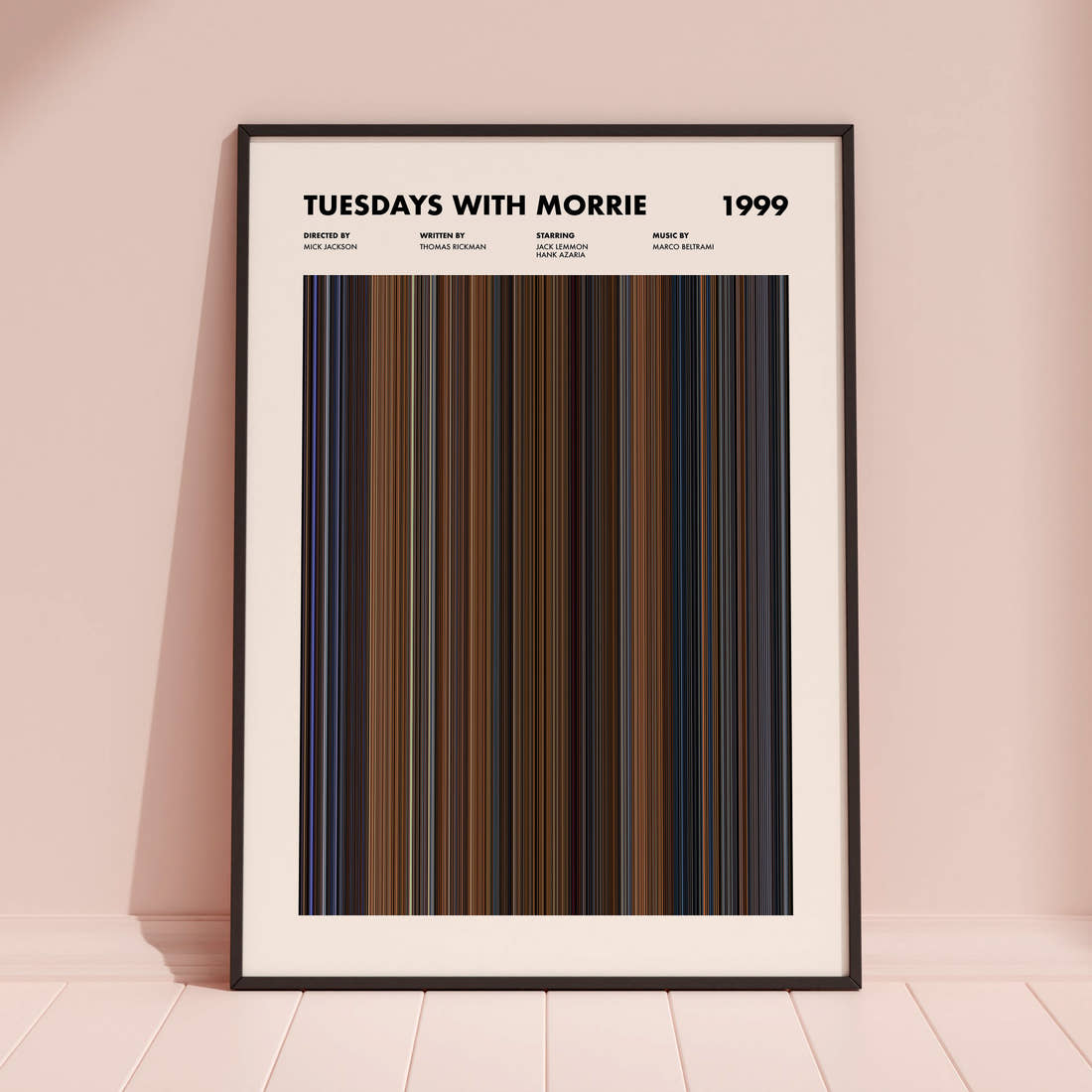 Tuesdays With Morrie Movie Barcode Poster framed and leaning against a coloured wall