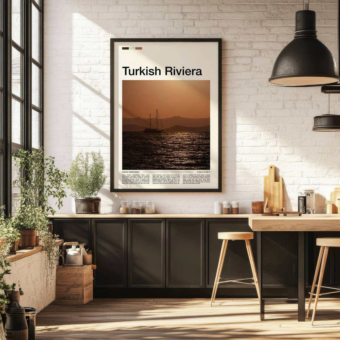 Turkish Riviera Sunset Sailing Boat Travel Print framed on the wall of a bright kitchen and dining space