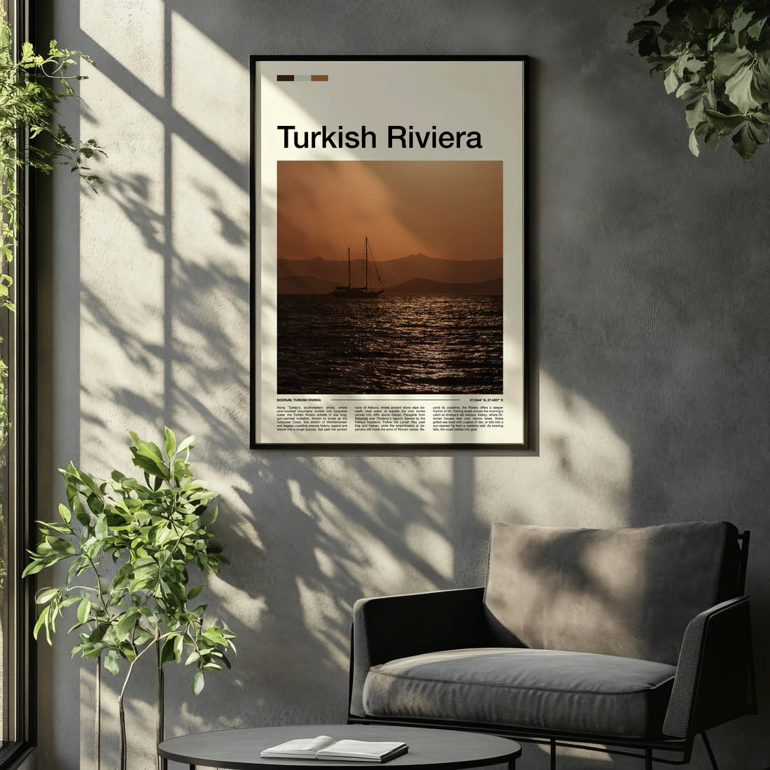 Turkish Riviera Sunset Sailing Boat Travel Print framed on the wall of a relaxed living room