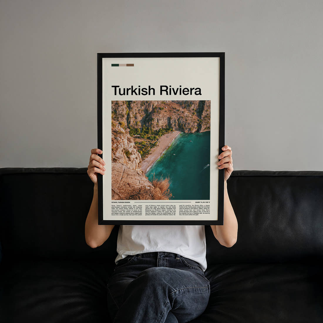 Turkish Riviera Aerial Coastal Cliffs Travel Print held up by hand to show the size of the print