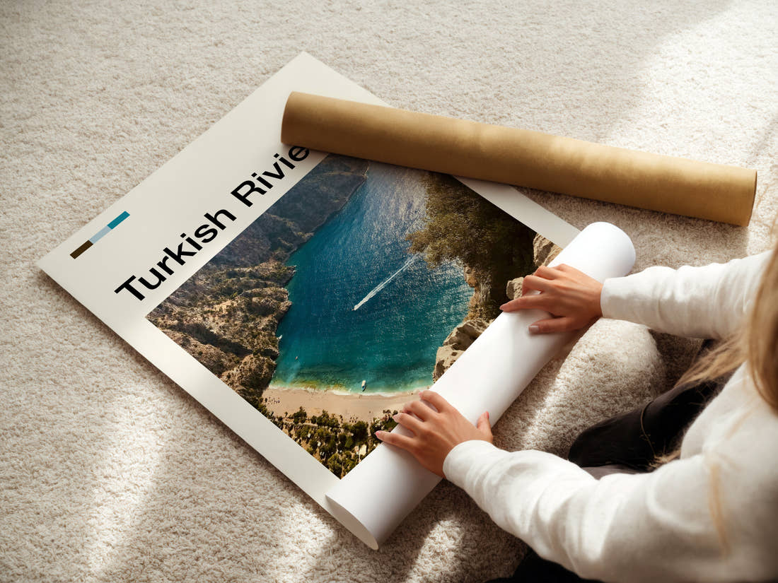 Turkish Riviera Aerial Turquoise Cove Travel Print being unrolled from its postal tube