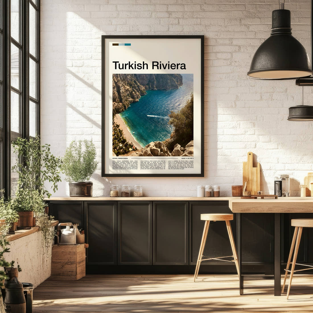 Turkish Riviera Aerial Turquoise Cove Travel Print framed on the wall of a bright kitchen and dining space
