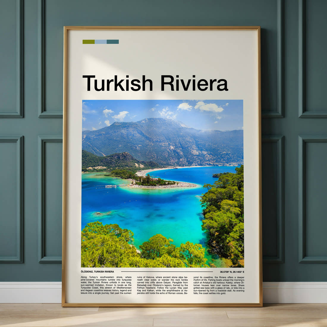 Turkish Riviera Turquoise Lagoon View Travel Print framed on the wall of a calm, neutral bedroom