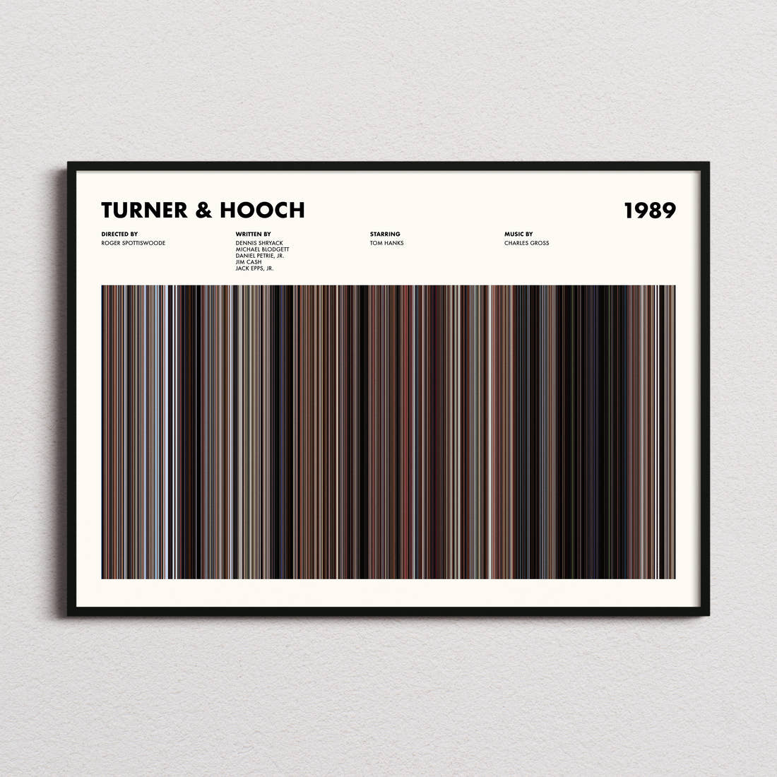 Turner & Hooch Movie Barcode Poster framed and photographed straight on