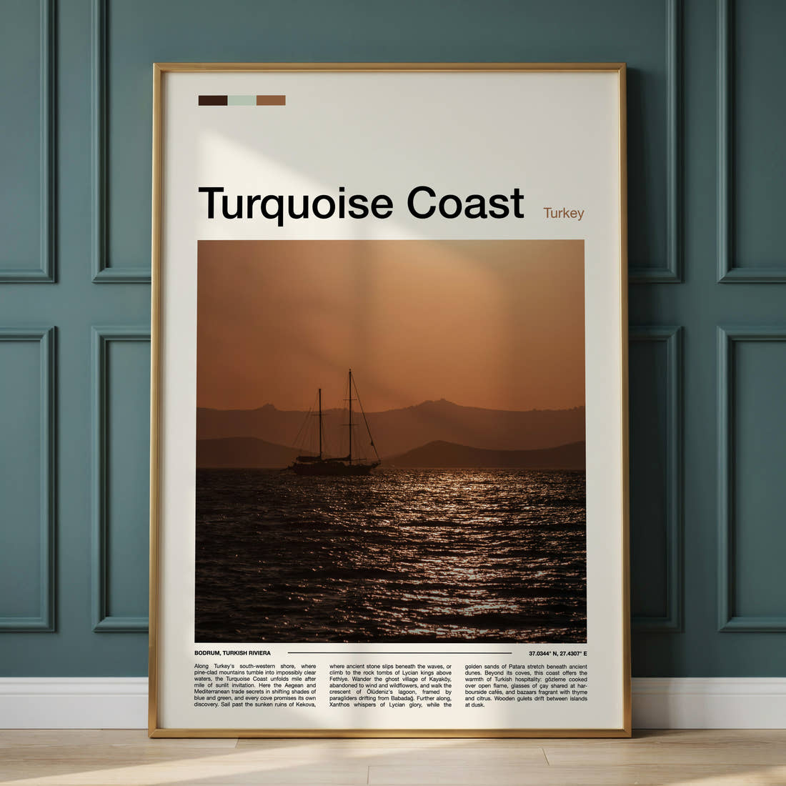 Turquoise Coast Sunset Sailing Boat Travel Print framed on the wall of a calm, neutral bedroom