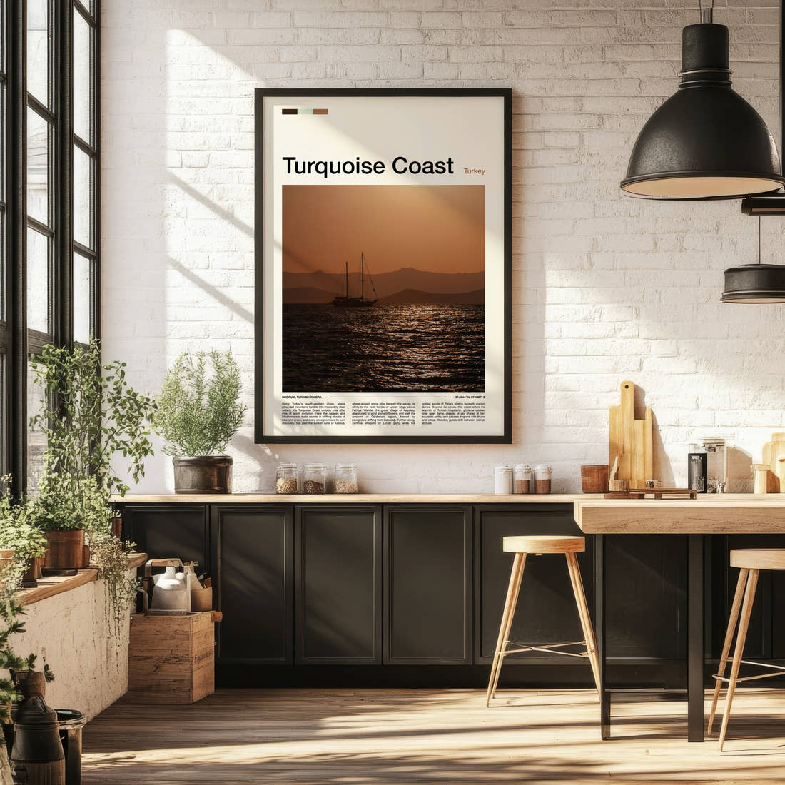 Turquoise Coast Sunset Sailing Boat Travel Print framed on the wall of a bright kitchen and dining space