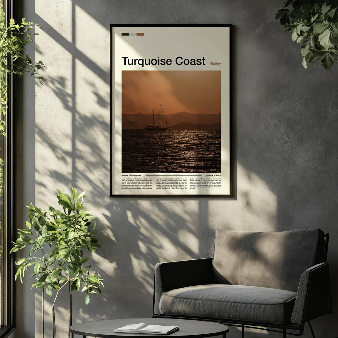 Turquoise Coast Sunset Sailing Boat Travel Print framed on the wall of a relaxed living room