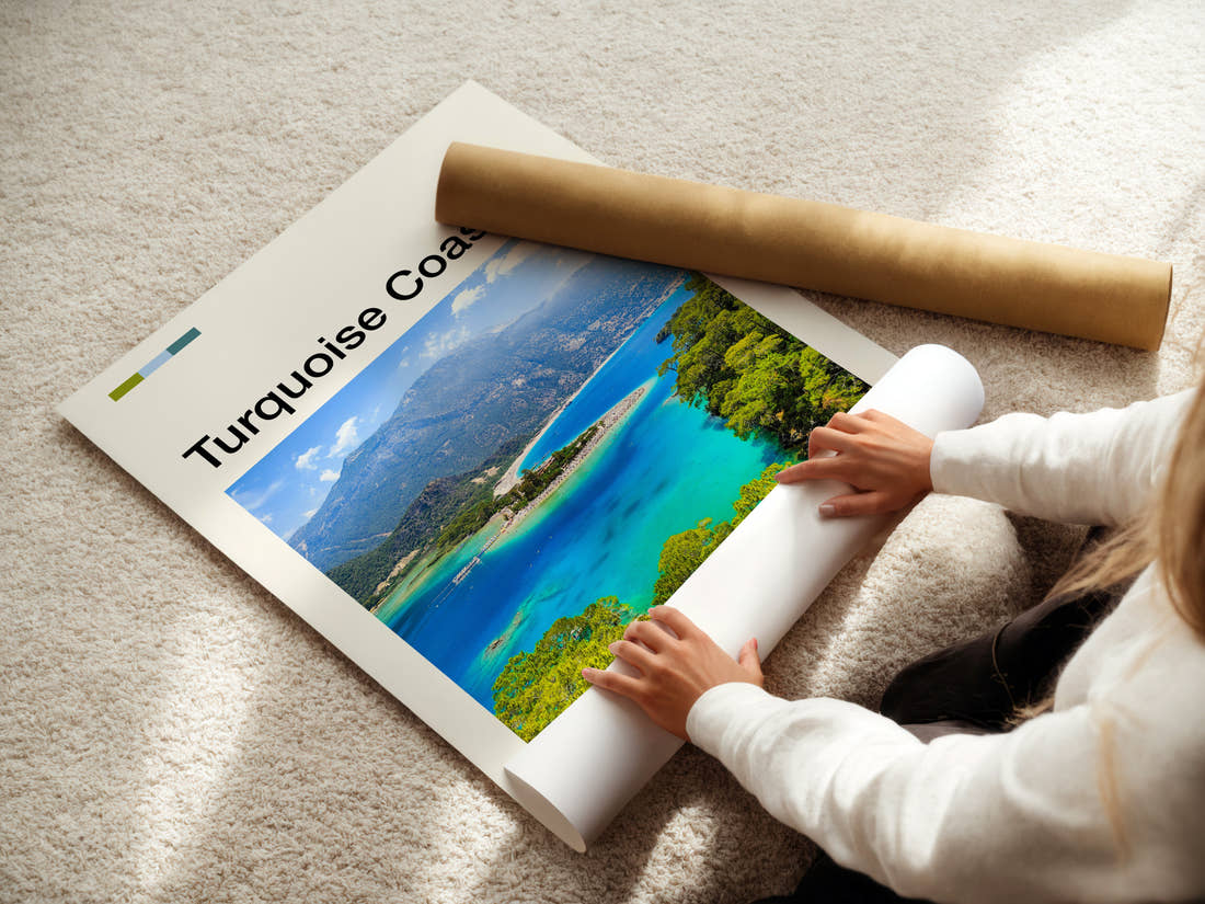 Turquoise Coast Aerial Lagoon View Travel Print being unrolled from its postal tube