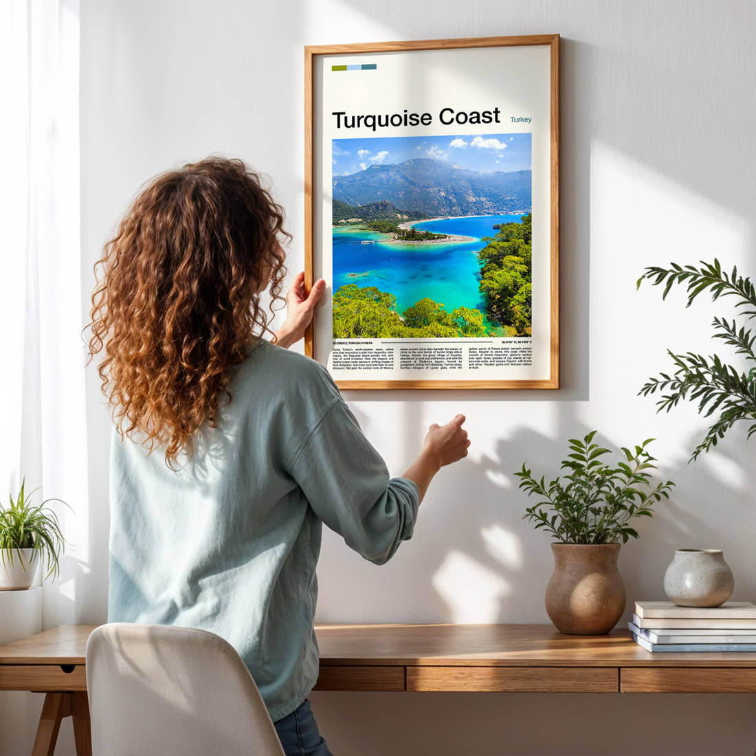 Turquoise Coast Aerial Lagoon View Travel Print framed on a pale wall beside houseplants