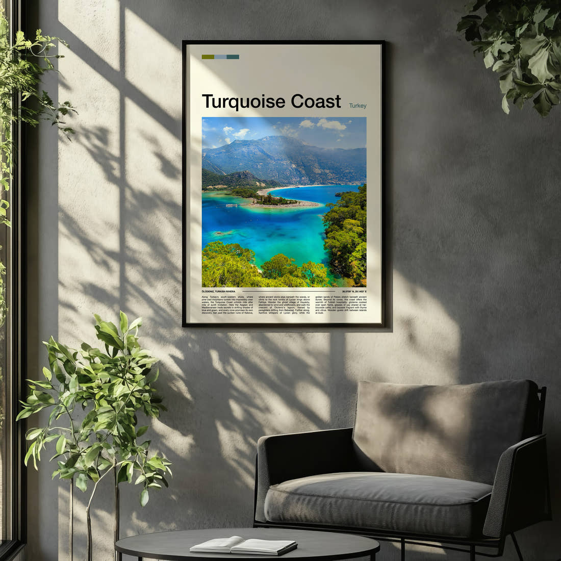 Turquoise Coast Aerial Lagoon View Travel Print framed on the wall of a relaxed living room