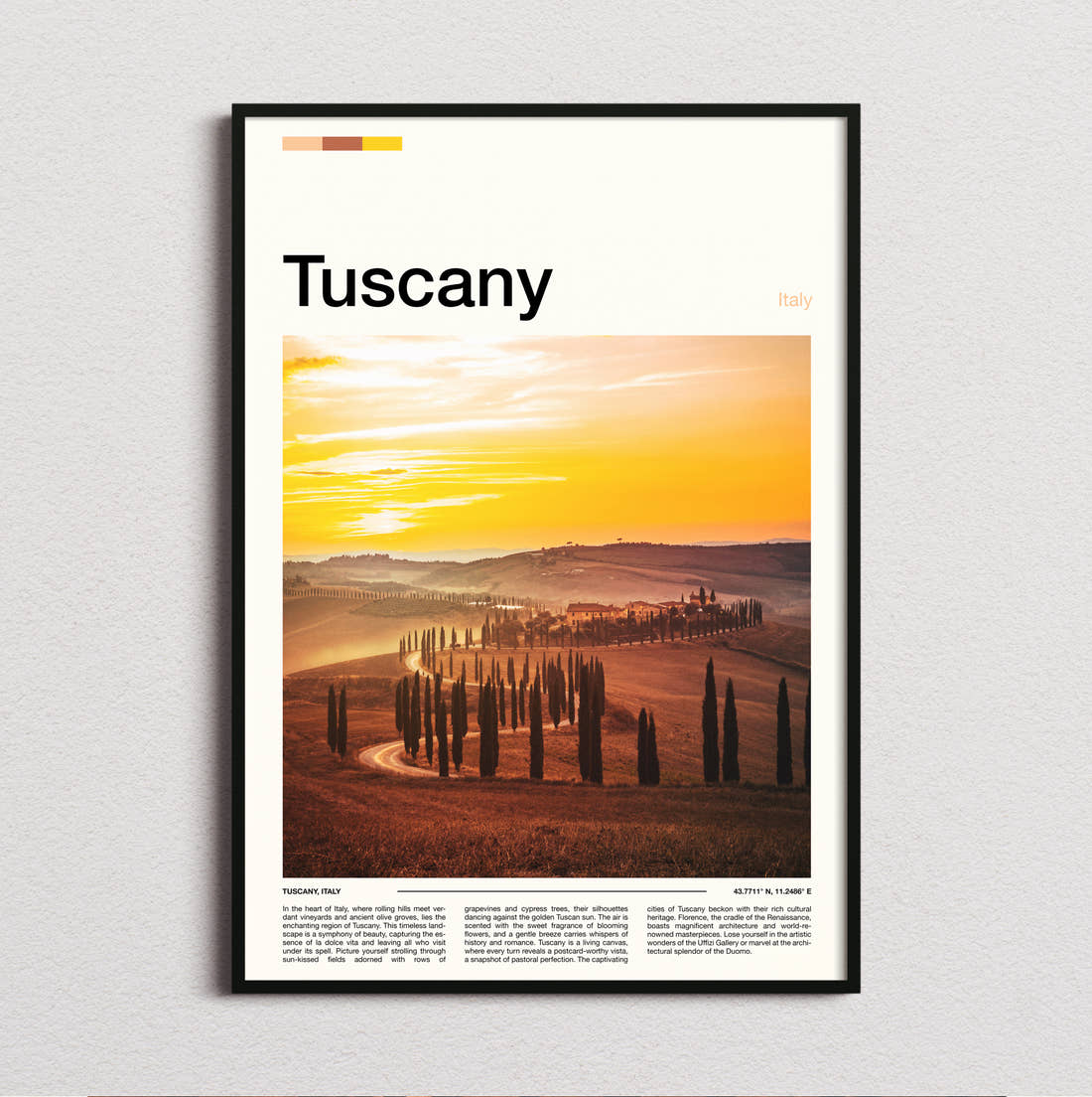 Tuscany Cypress Trees At Sunset Travel Print framed and photographed straight on