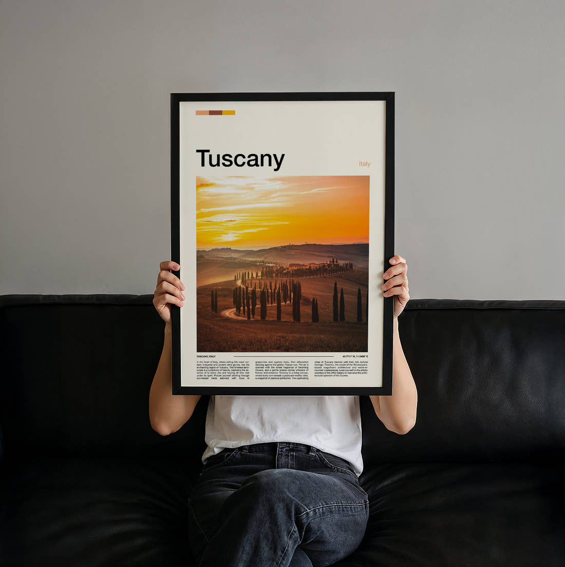 Tuscany Cypress Trees At Sunset Travel Print held up by hand to show the size of the print